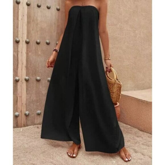 Zara Black Linen blend Super Wide Leg Strapless Jumpsuit  Blogger S - Picture 3 of 10
